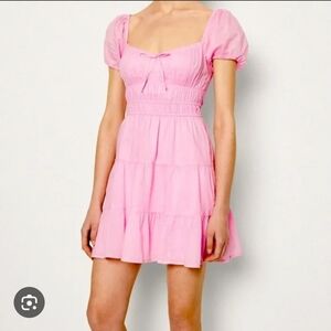 Hollister Pink Puff Sleeve Smocked Waist Tie Front Poplin Mini Dress M